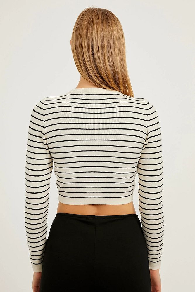 Kadın Standart Beden Bisiklet Yaka Çizgili Esnek Crop Body