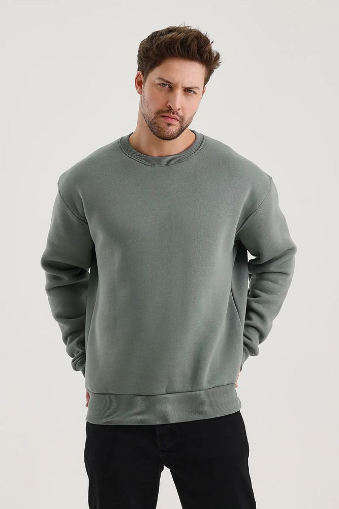 Oversize Bisiklet Yaka Ribanalı 3 İplik Şardonlu Sweatshirt