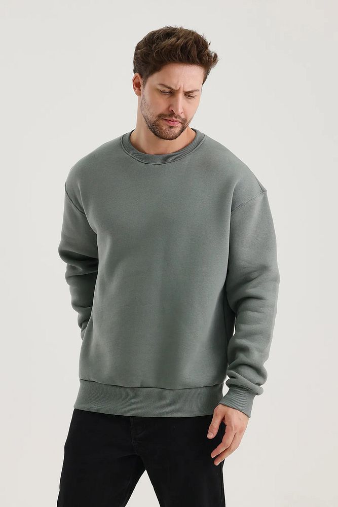 Oversize Bisiklet Yaka Ribanalı 3 İplik Şardonlu Sweatshirt