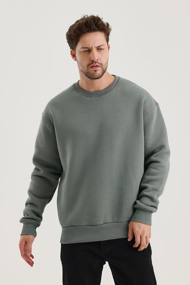 Oversize Bisiklet Yaka Ribanalı 3 İplik Şardonlu Sweatshirt