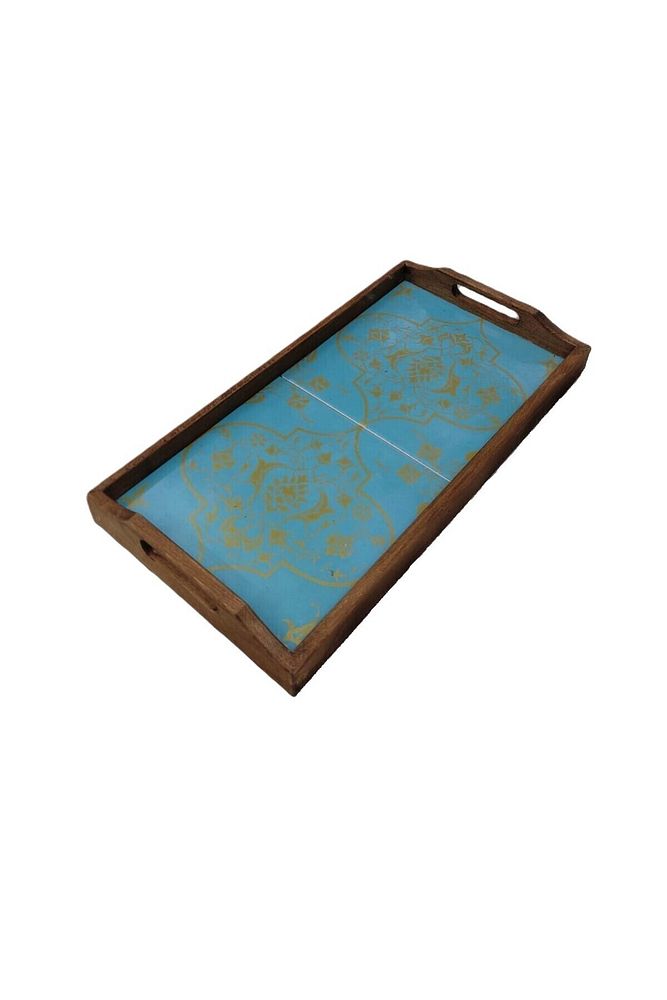 Saraylı Altın Çini Ahşap Fırınlanmış Kuru Kayın Çinili Sunum Tepsi 20x40 Cm