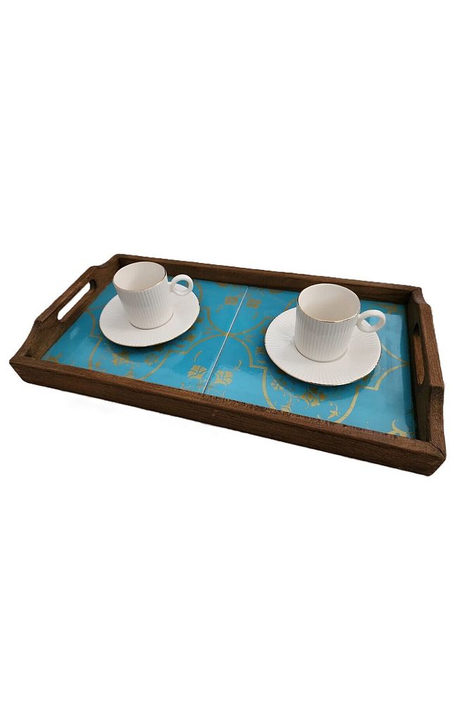 Saraylı Altın Çini Ahşap Fırınlanmış Kuru Kayın Çinili Sunum Tepsi 20x40 Cm