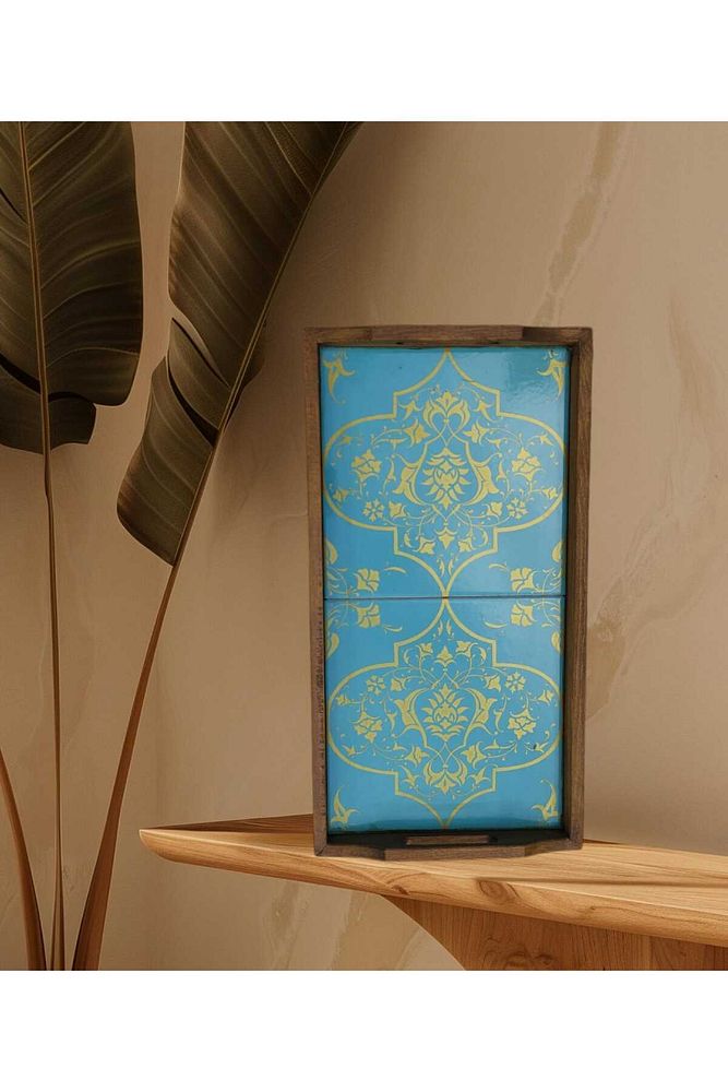 Saraylı Altın Çini Ahşap Fırınlanmış Kuru Kayın Çinili Sunum Tepsi 20x40 Cm