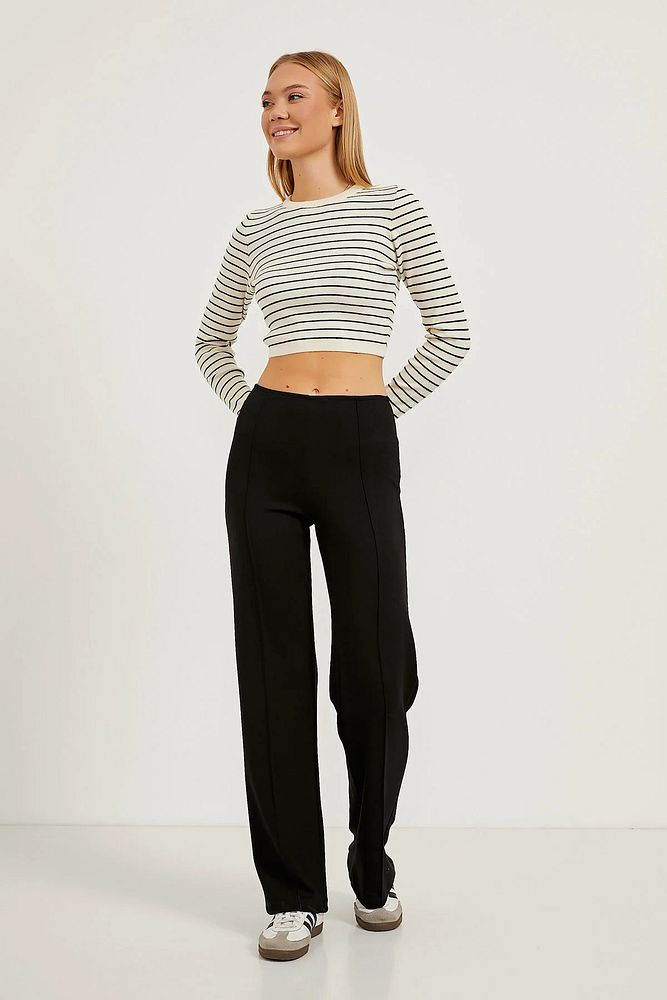 Kadın Standart Beden Bisiklet Yaka Çizgili Esnek Crop Body