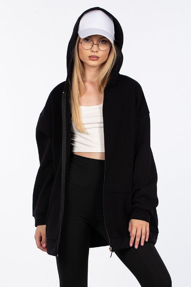 Kadın Oversize Fermuarlı Kapüşonlu 3 İplik Şardonlu Uzun Hırka Sweatshirt