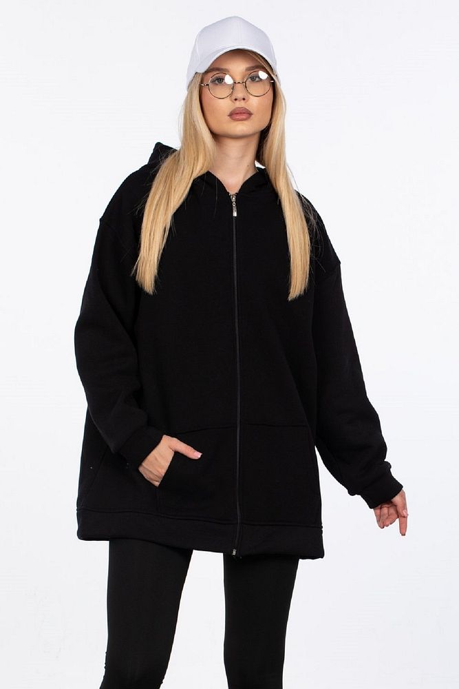 Kadın Oversize Fermuarlı Kapüşonlu 3 İplik Şardonlu Uzun Hırka Sweatshirt