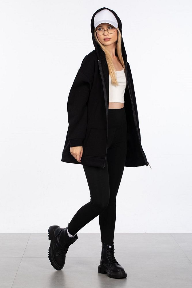 Kadın Oversize Fermuarlı Kapüşonlu 3 İplik Şardonlu Uzun Hırka Sweatshirt