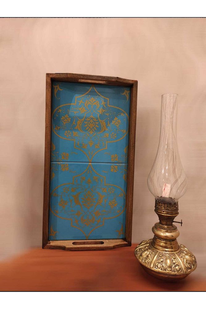 Saraylı Altın Çini Ahşap Fırınlanmış Kuru Kayın Çinili Sunum Tepsi 20x40 Cm