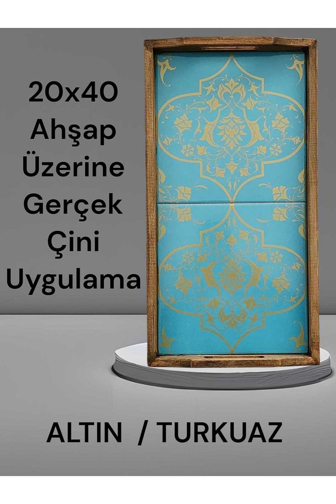 Saraylı Altın Çini Ahşap Fırınlanmış Kuru Kayın Çinili Sunum Tepsi 20x40 Cm