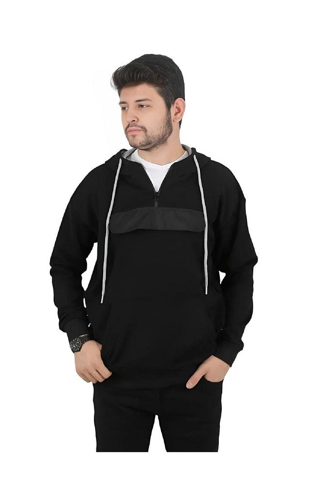 Erkek Yarı Fermuarlı Detaylı Kanguru Cepli Pamuklu Sweatshirt