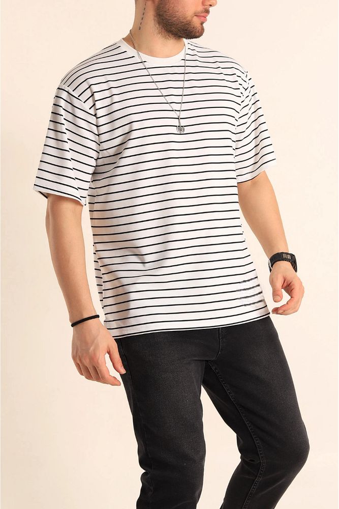 Bisiklet Yaka Erkek Kadın/Kız Uyumlu Çizgili Oversize Pamuklu T-Shirt