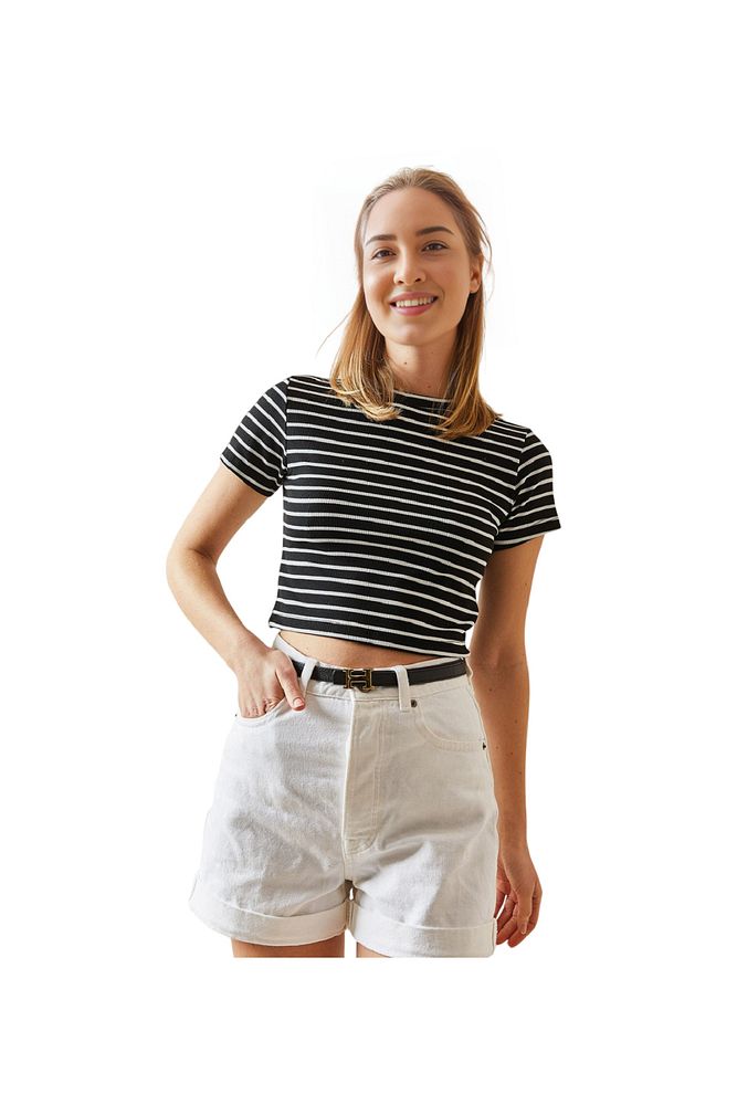 Kadın Bisiklet Yaka Çizgili Esnek Pamuklu Crop T-Shirt