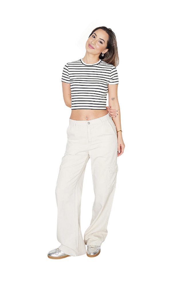 Kadın Bisiklet Yaka Çizgili Esnek Pamuklu Crop T-Shirt