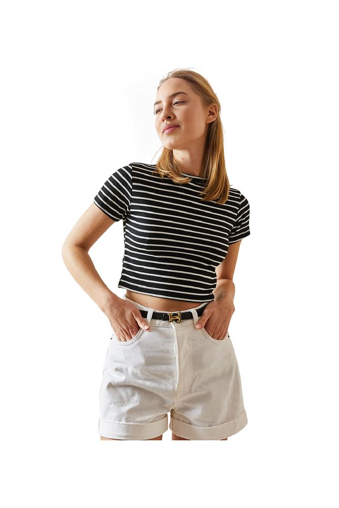 Kadın Bisiklet Yaka Çizgili Esnek Pamuklu Crop T-Shirt