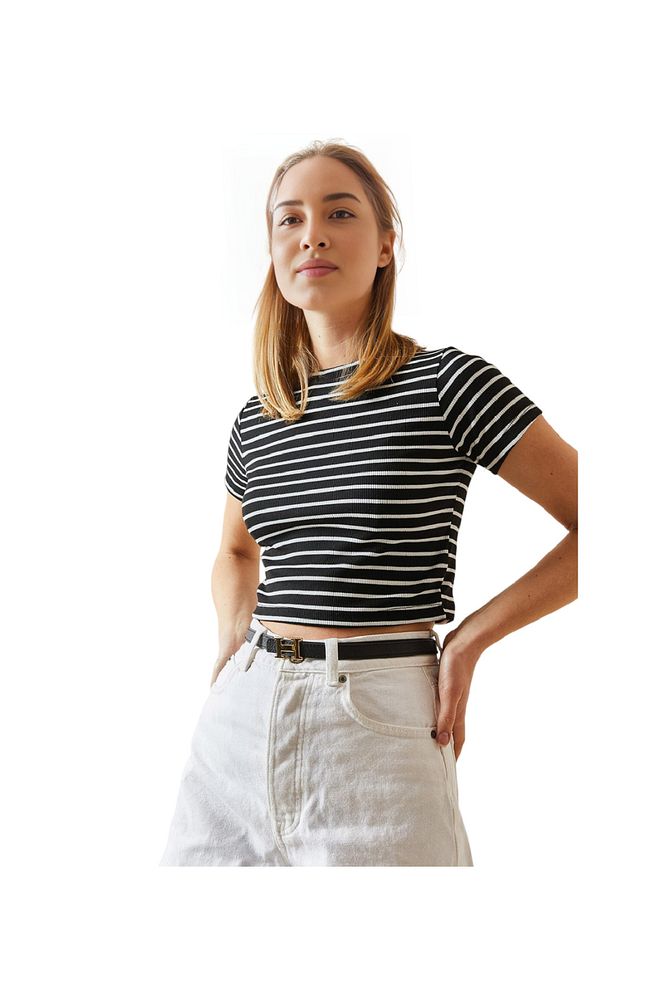 Kadın Bisiklet Yaka Çizgili Esnek Pamuklu Crop T-Shirt