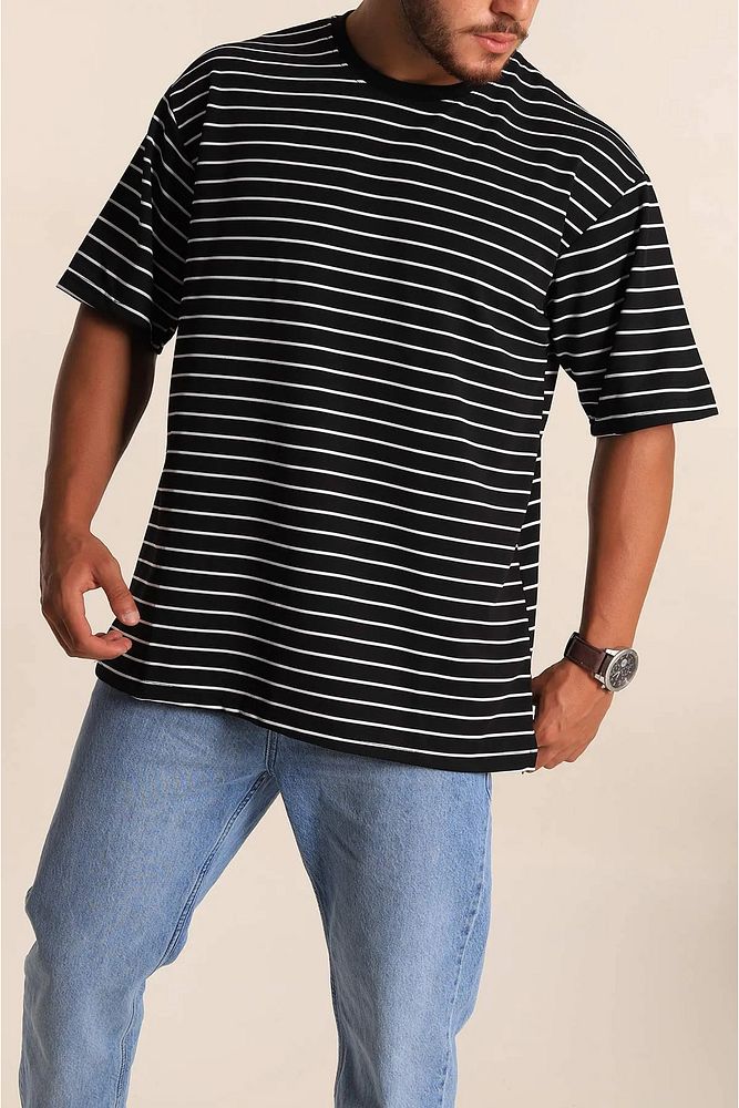 Bisiklet Yaka Erkek Kadın/Kız Uyumlu Çizgili Oversize Pamuklu T-Shirt