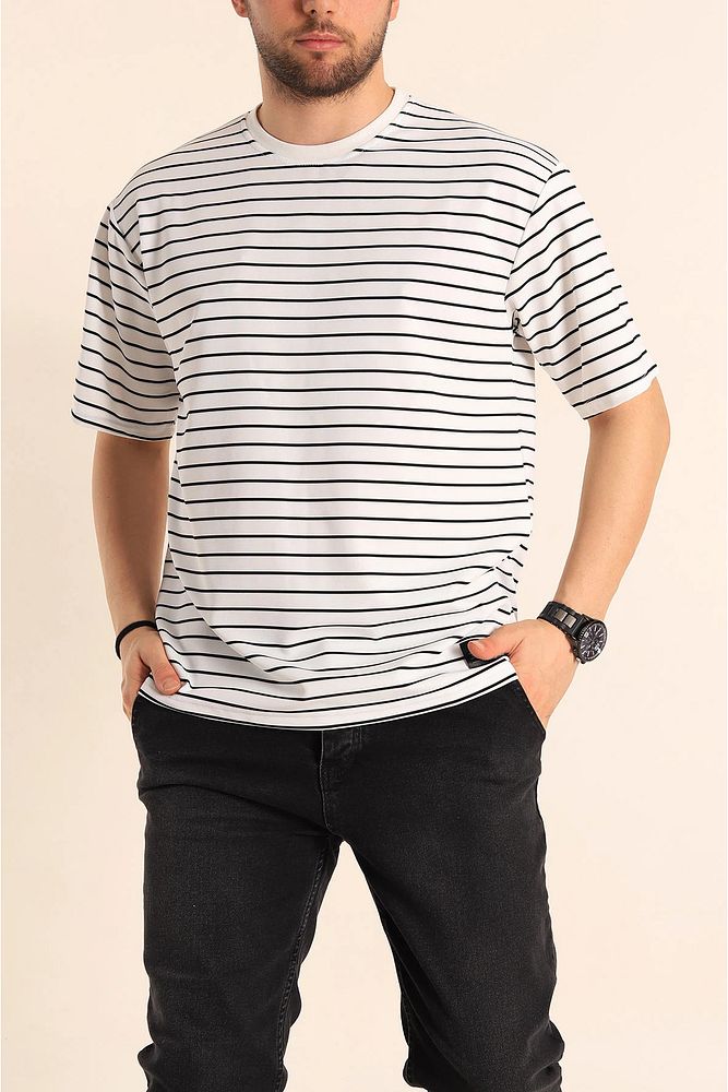 Bisiklet Yaka Erkek Kadın/Kız Uyumlu Çizgili Oversize Pamuklu T-Shirt