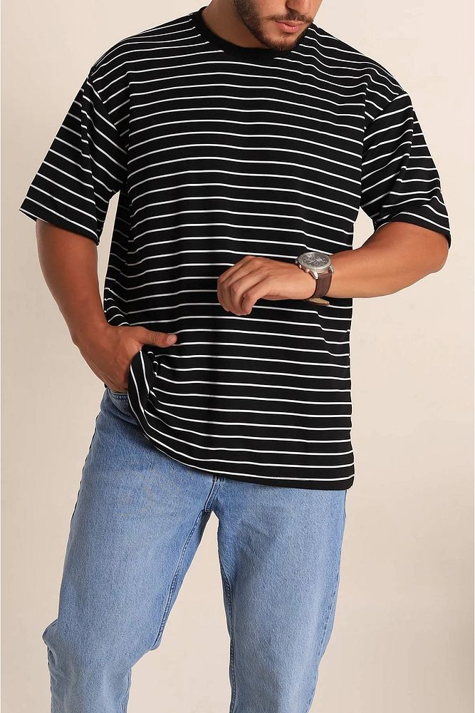 Bisiklet Yaka Erkek Kadın/Kız Uyumlu Çizgili Oversize Pamuklu T-Shirt