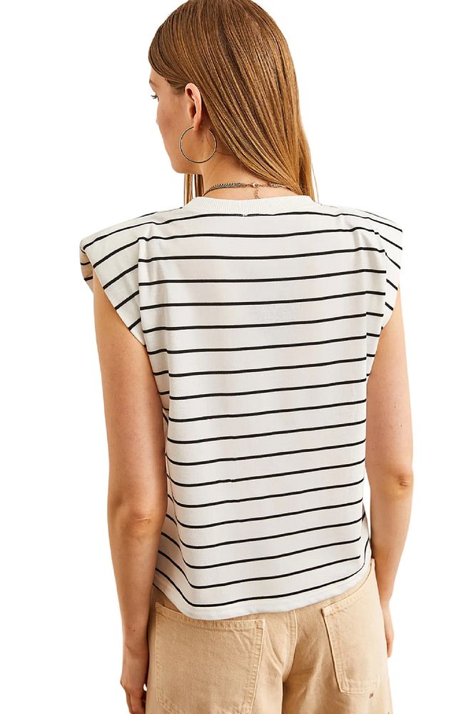Kadın Çizgili Bisiklet Yaka Omuzu Vatkalı Rahat Kalıp Pamuklu Kolsuz T-Shirt