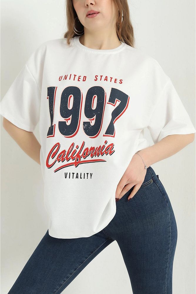 Bisiklet Yaka 1997 Baskılı Oversize Kalın Dokulu Pamuklu T-Shirt