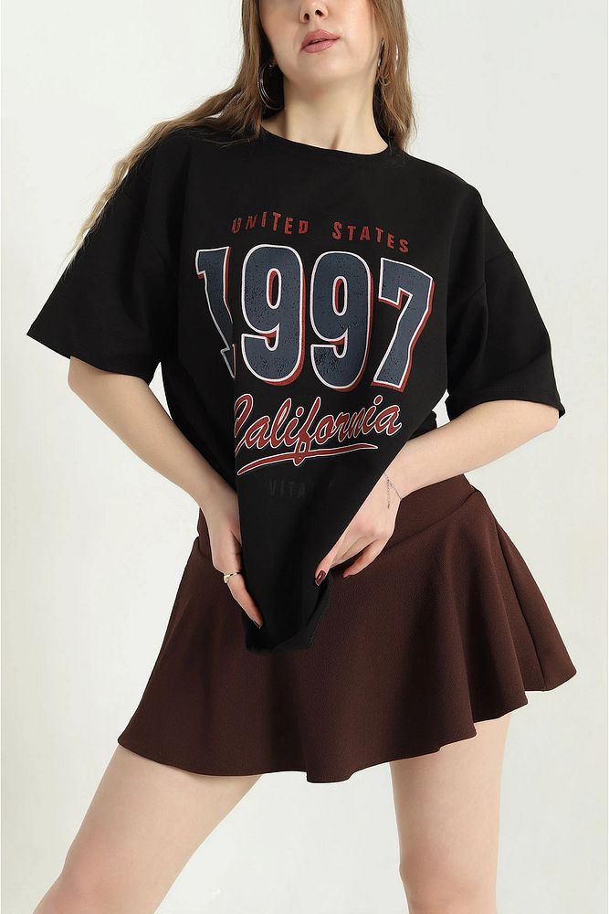 Bisiklet Yaka 1997 Baskılı Oversize Kalın Dokulu Pamuklu T-Shirt