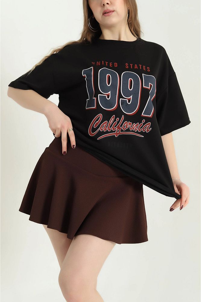 Bisiklet Yaka 1997 Baskılı Oversize Kalın Dokulu Pamuklu T-Shirt