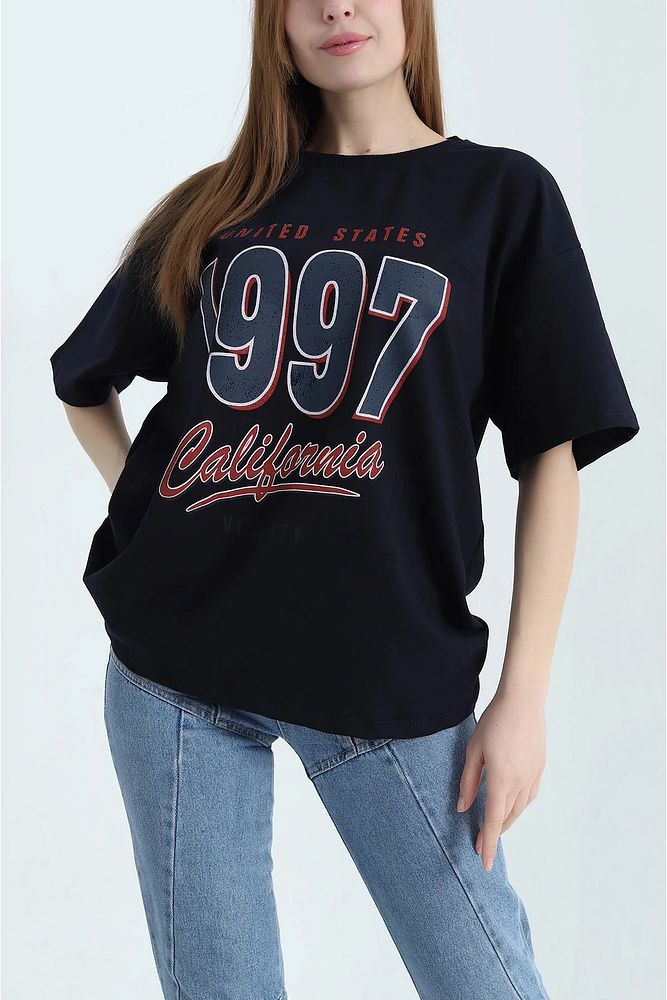 Bisiklet Yaka 1997 Baskılı Oversize Kalın Dokulu Pamuklu T-Shirt