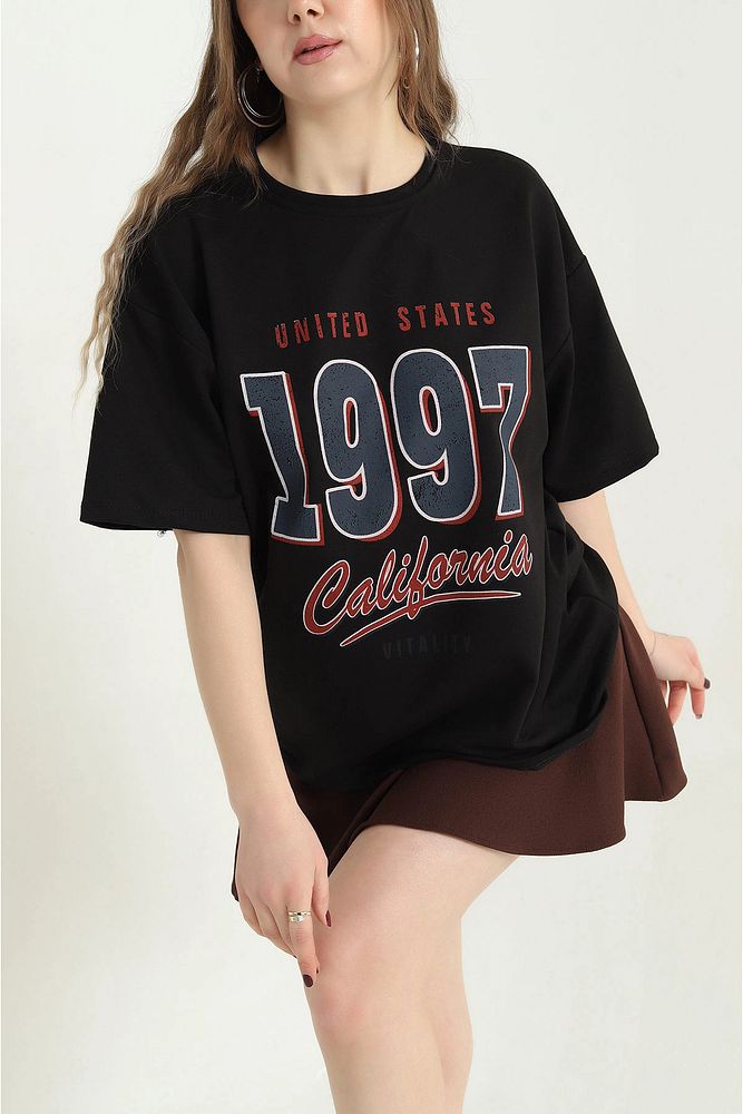 Bisiklet Yaka 1997 Baskılı Oversize Kalın Dokulu Pamuklu T-Shirt