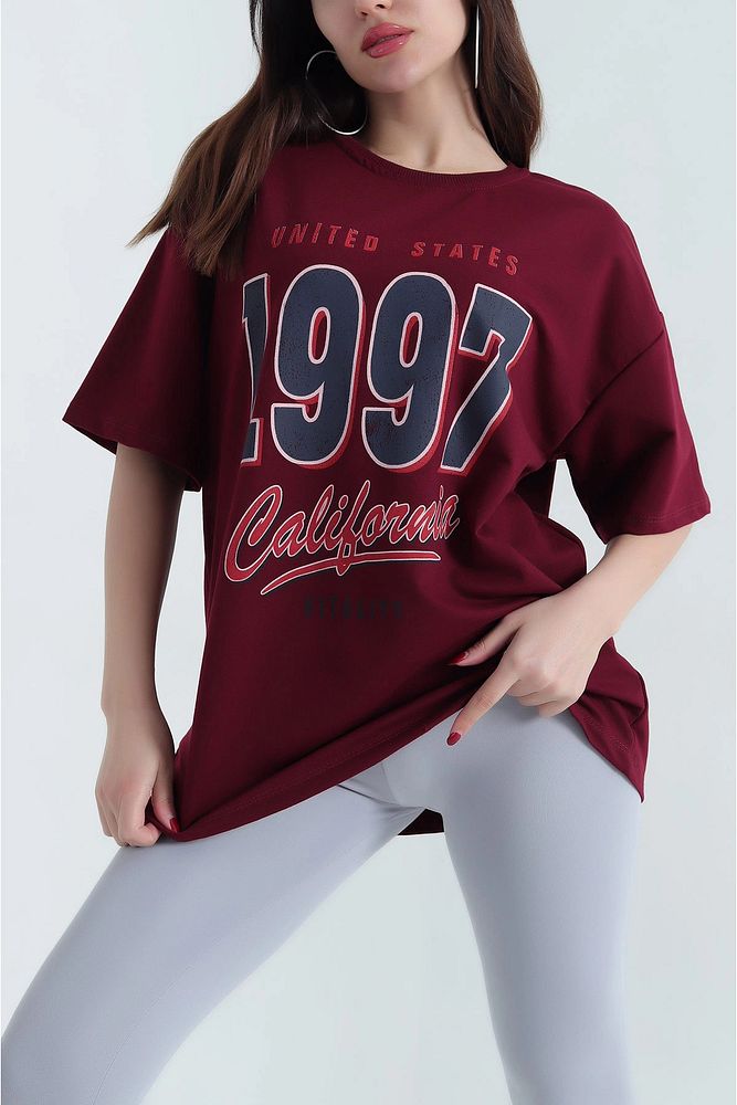 Bisiklet Yaka 1997 Baskılı Oversize Kalın Dokulu Pamuklu T-Shirt