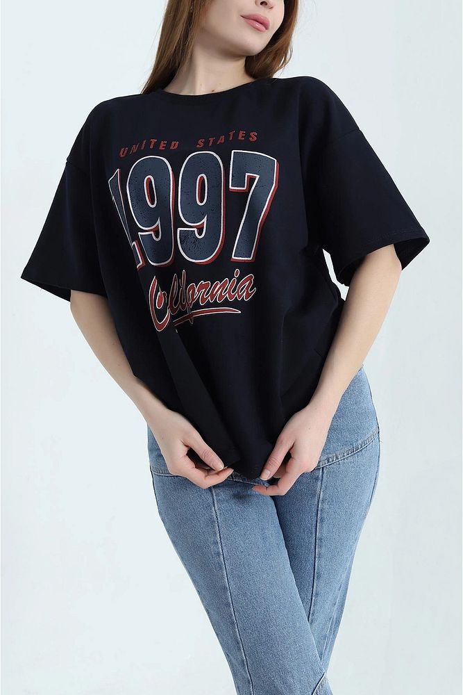 Bisiklet Yaka 1997 Baskılı Oversize Kalın Dokulu Pamuklu T-Shirt