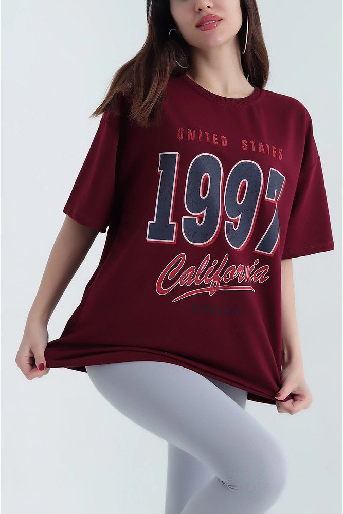 Bisiklet Yaka 1997 Baskılı Oversize Kalın Dokulu Pamuklu T-Shirt