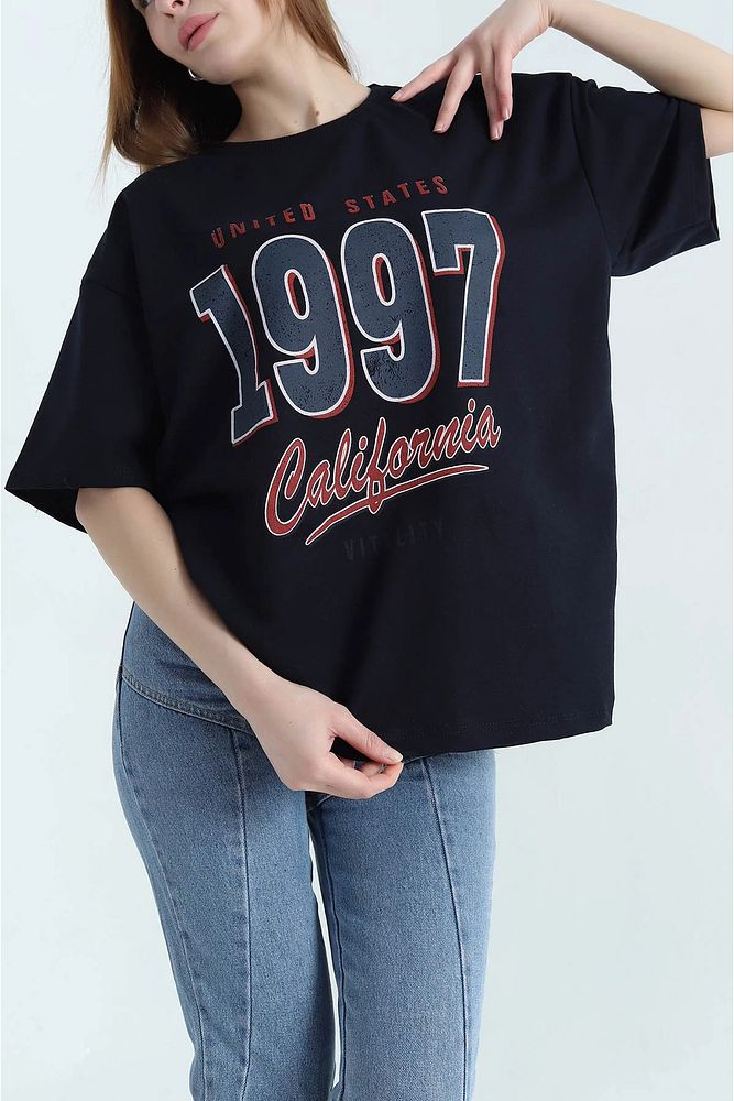 Bisiklet Yaka 1997 Baskılı Oversize Kalın Dokulu Pamuklu T-Shirt