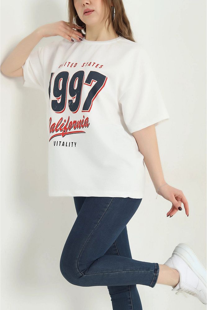 Bisiklet Yaka 1997 Baskılı Oversize Kalın Dokulu Pamuklu T-Shirt