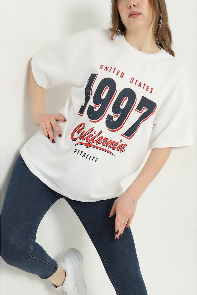 Bisiklet Yaka 1997 Baskılı Oversize Kalın Dokulu Pamuklu T-Shirt