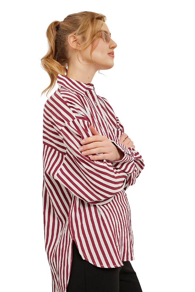Kadın Cepli Kalın Çizgili Ütü Gerektirmeyen Oversize Gömlek