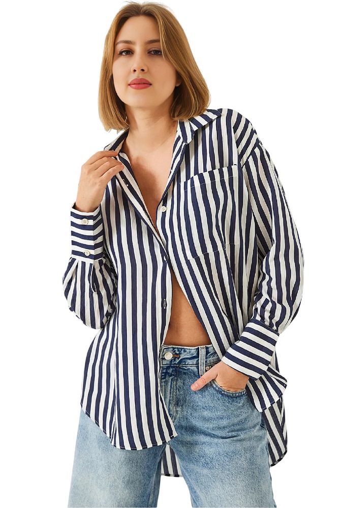 Kadın Cepli Kalın Çizgili Ütü Gerektirmeyen Oversize Gömlek