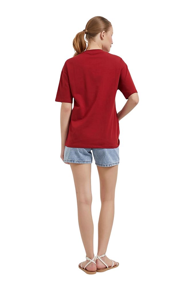 Kadın Bisiklet Yaka Bol Kesim %100 Pamuk Önü Ayıcıklı T-Shirt