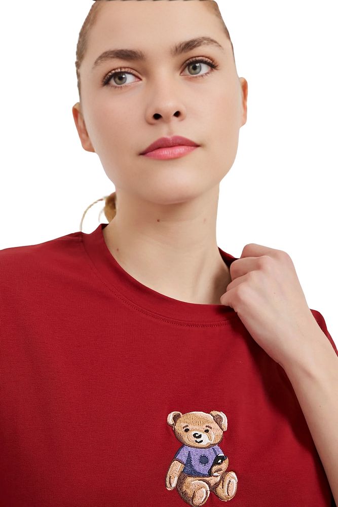 Kadın Bisiklet Yaka Bol Kesim %100 Pamuk Önü Ayıcıklı T-Shirt