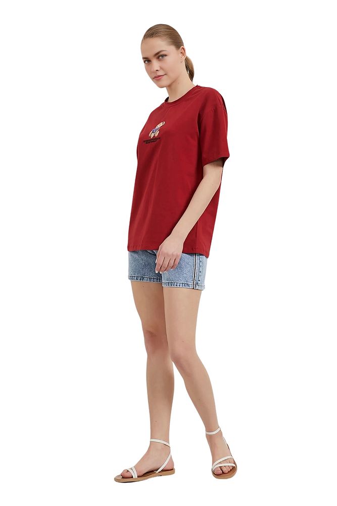 Kadın Bisiklet Yaka Bol Kesim %100 Pamuk Önü Ayıcıklı T-Shirt