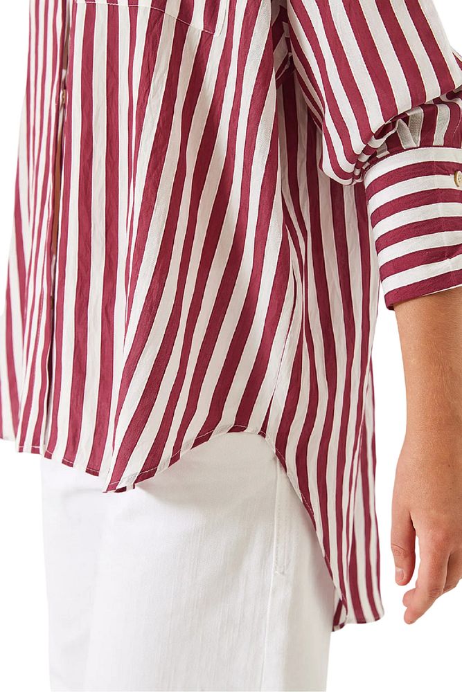 Kadın Cepli Kalın Çizgili Ütü Gerektirmeyen Oversize Gömlek