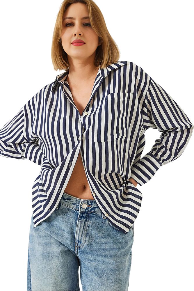 Kadın Cepli Kalın Çizgili Ütü Gerektirmeyen Oversize Gömlek