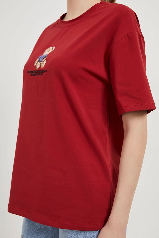 Kadın Bisiklet Yaka Bol Kesim %100 Pamuk Önü Ayıcıklı T-Shirt