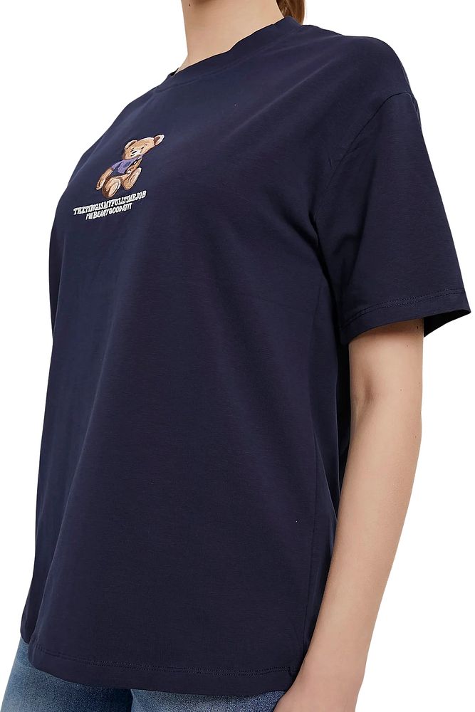 Kadın Bisiklet Yaka Bol Kesim %100 Pamuk Önü Ayıcıklı T-Shirt