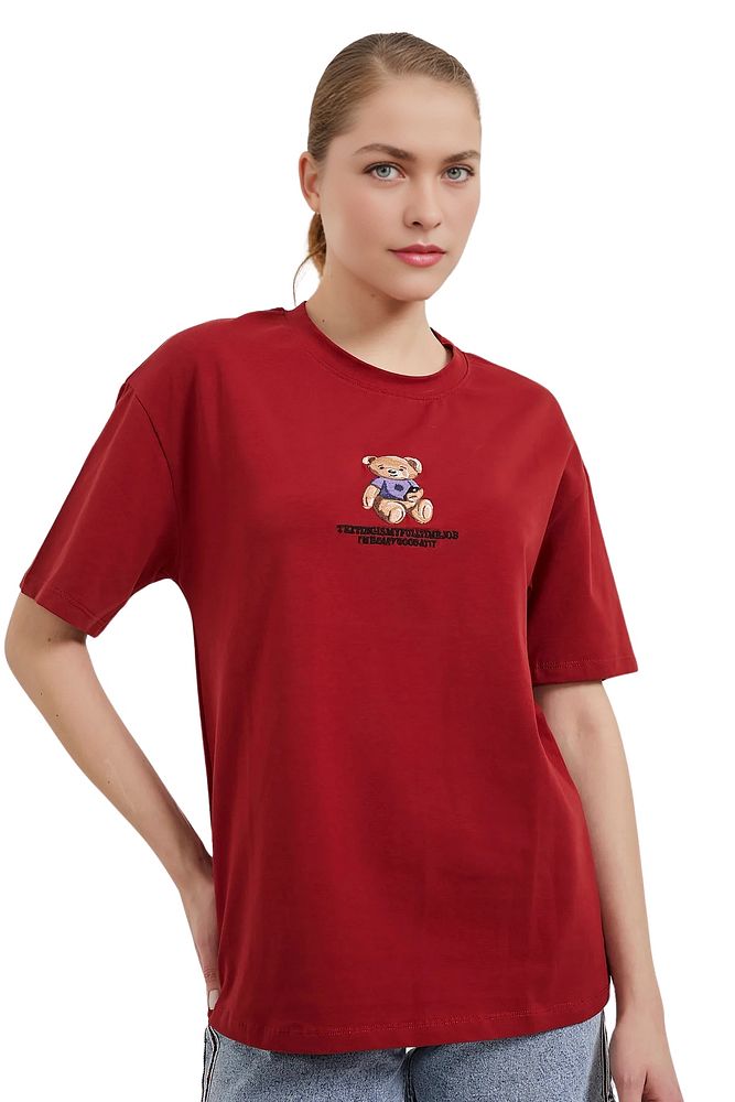 Kadın Bisiklet Yaka Bol Kesim %100 Pamuk Önü Ayıcıklı T-Shirt