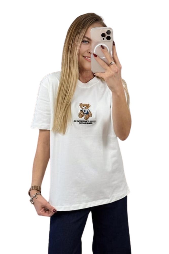 Kadın Bisiklet Yaka Bol Kesim %100 Pamuk Önü Ayıcıklı T-Shirt