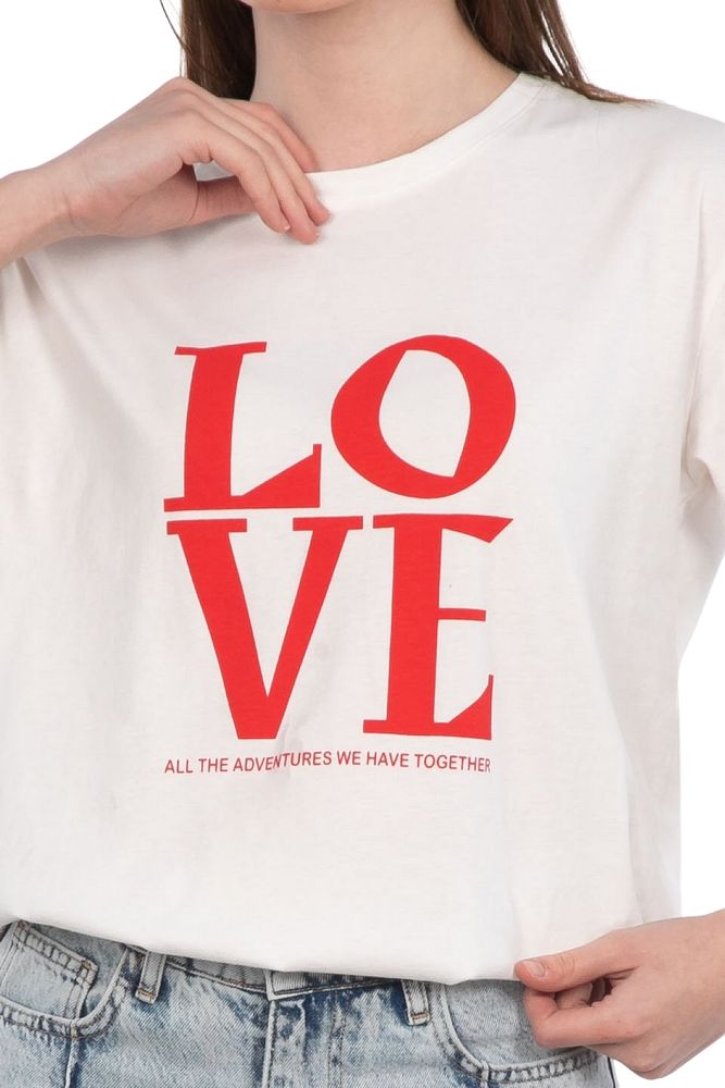 Bisiklet Yaka Love Baskılı %100 Pamuk Oversize Kalıp T-Shirt