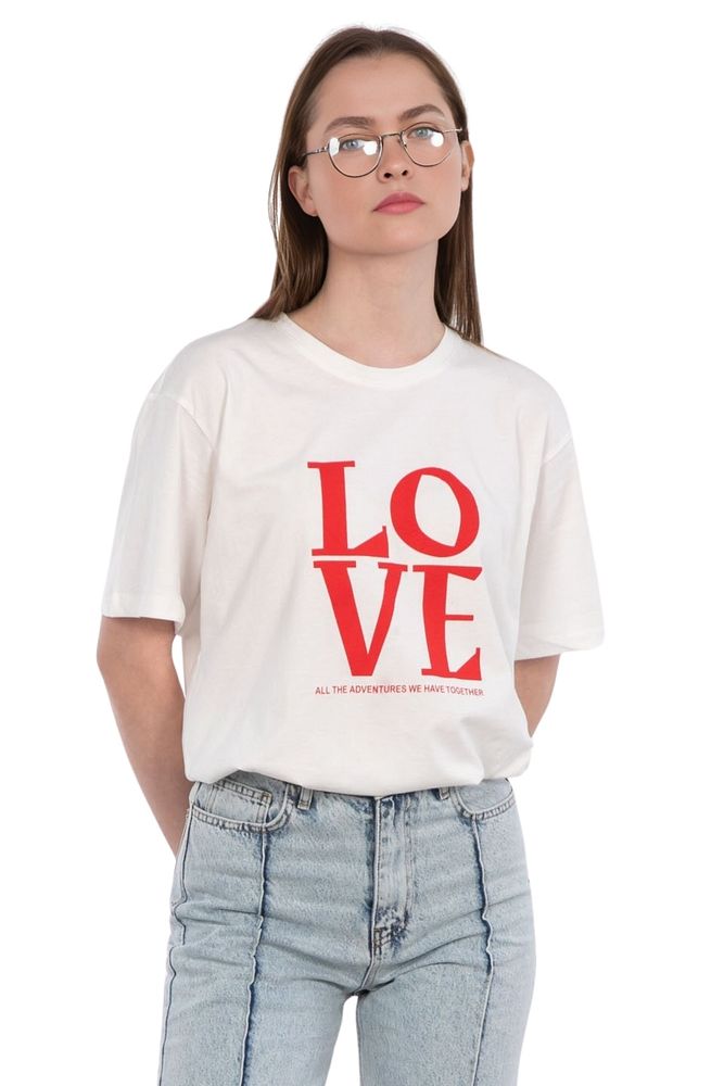 Bisiklet Yaka Love Baskılı %100 Pamuk Oversize Kalıp T-Shirt