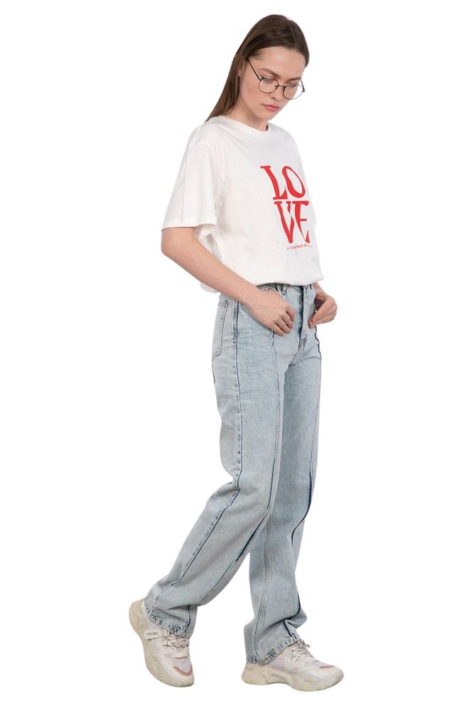 Bisiklet Yaka Love Baskılı %100 Pamuk Oversize Kalıp T-Shirt