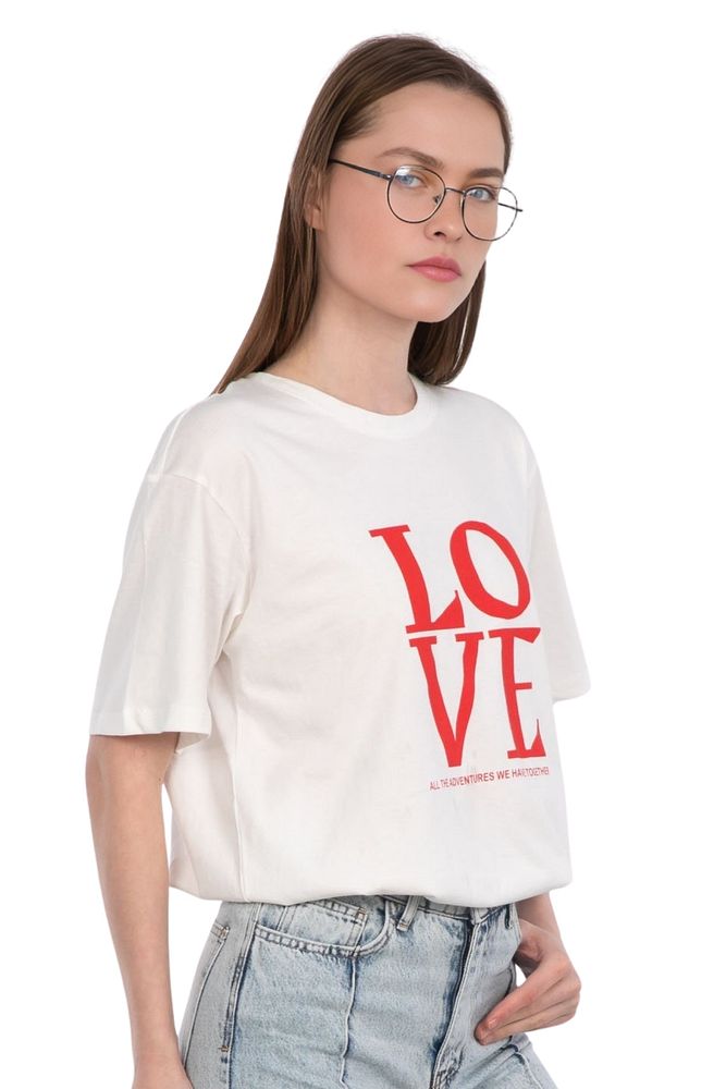 Bisiklet Yaka Love Baskılı %100 Pamuk Oversize Kalıp T-Shirt