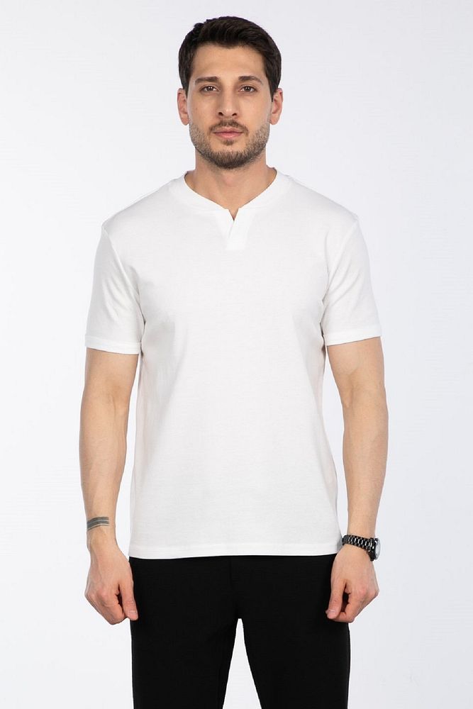 Erkek S V Yaka Detaylı %100 Pamuk Ribana Dokuma T-Shirt